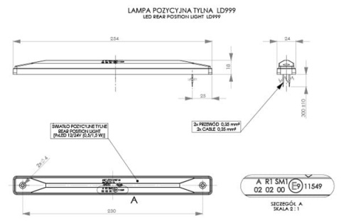 LAMPKA POZYCYJNA OBRYSOWA LED OBRYSÓWKA PODŁUŻNA 25CM CZERWONA 12V 24V