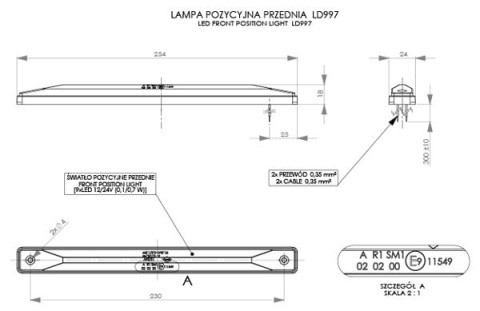 LAMPKA POZYCYJNA OBRYSOWA LED OBRYSÓWKA PODŁUŻNA DIODOWA 25CM BIAŁA 12V 24V