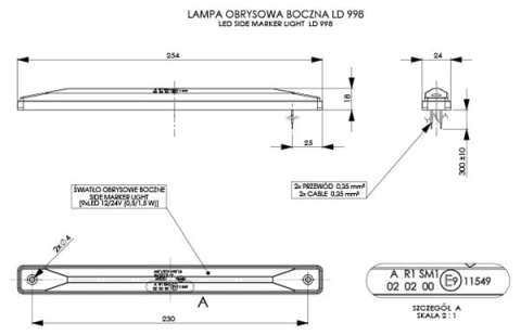 LAMPKA POZYCYJNA OBRYSOWA LED OBRYSÓWKA PODŁUŻNA 25CM POMARAŃCZOWA 12V 24V