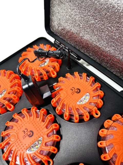 Zestaw 6x dysk flara lampa LED awaryjna ostrzegawcza walizka ładowarki