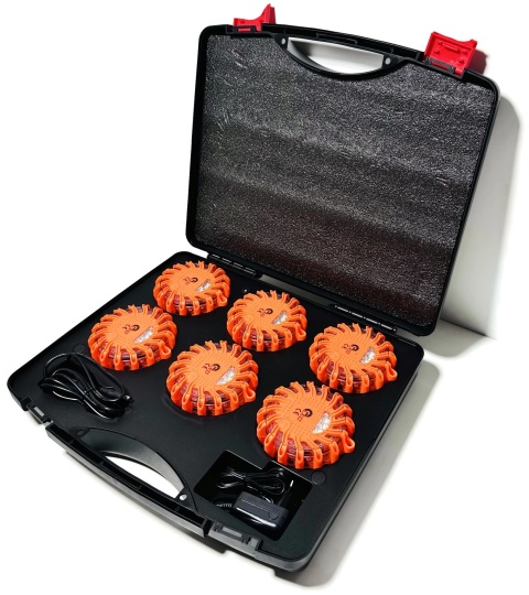 Zestaw 6x dysk flara lampa LED awaryjna ostrzegawcza walizka ładowarki