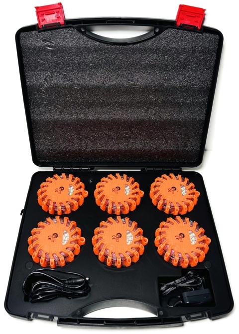 Zestaw 6x dysk flara lampa LED awaryjna ostrzegawcza walizka ładowarki