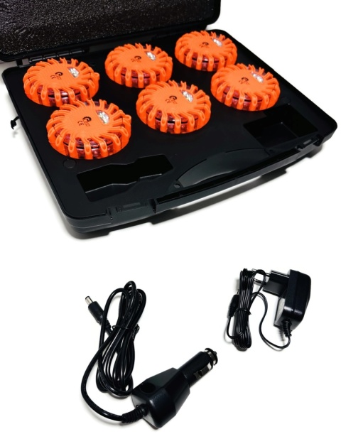 Zestaw 6x dysk flara lampa LED awaryjna ostrzegawcza walizka ładowarki