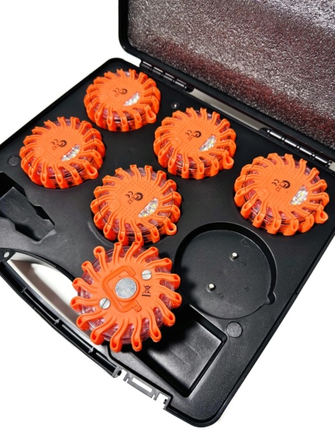 Zestaw 6x dysk flara lampa LED awaryjna ostrzegawcza walizka ładowarki