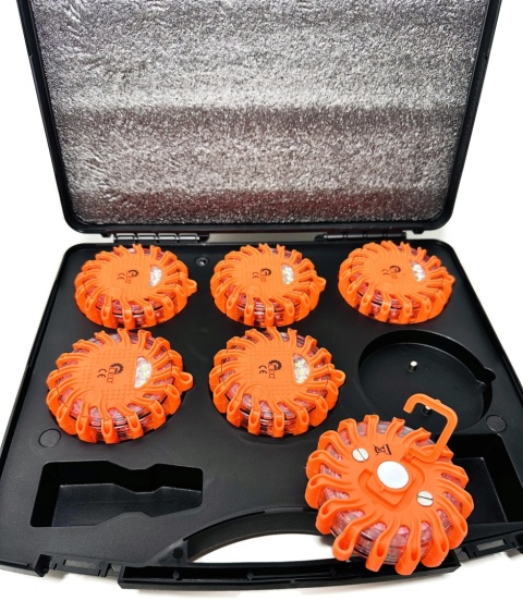 Zestaw 6x dysk flara lampa LED awaryjna ostrzegawcza walizka ładowarki