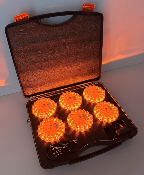 Zestaw 6x dysk flara lampa LED awaryjna ostrzegawcza walizka ładowarki