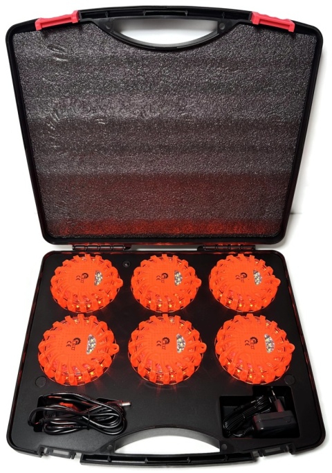 Zestaw 6x dysk flara lampa LED awaryjna ostrzegawcza walizka ładowarki