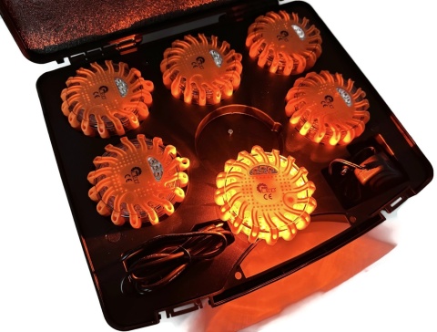 Zestaw 6x dysk flara lampa LED awaryjna ostrzegawcza walizka ładowarki
